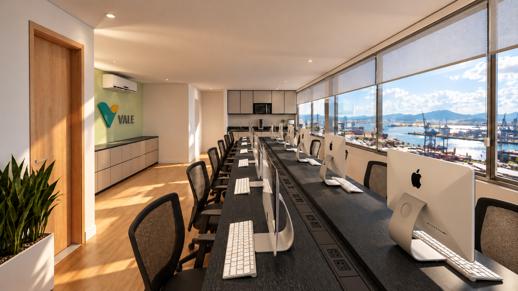 Escritório corporativo com vista para o porto