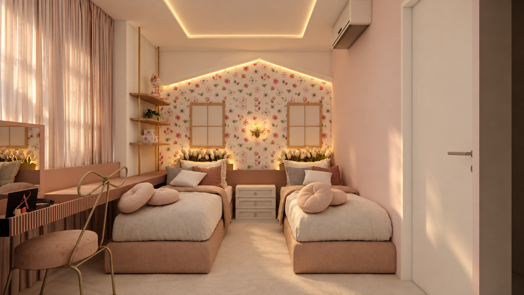 Quarto infantil para duas irmãs em tons rosados