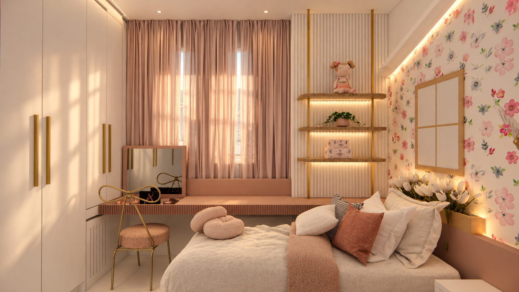 Quarto aconchegante em tons suaves