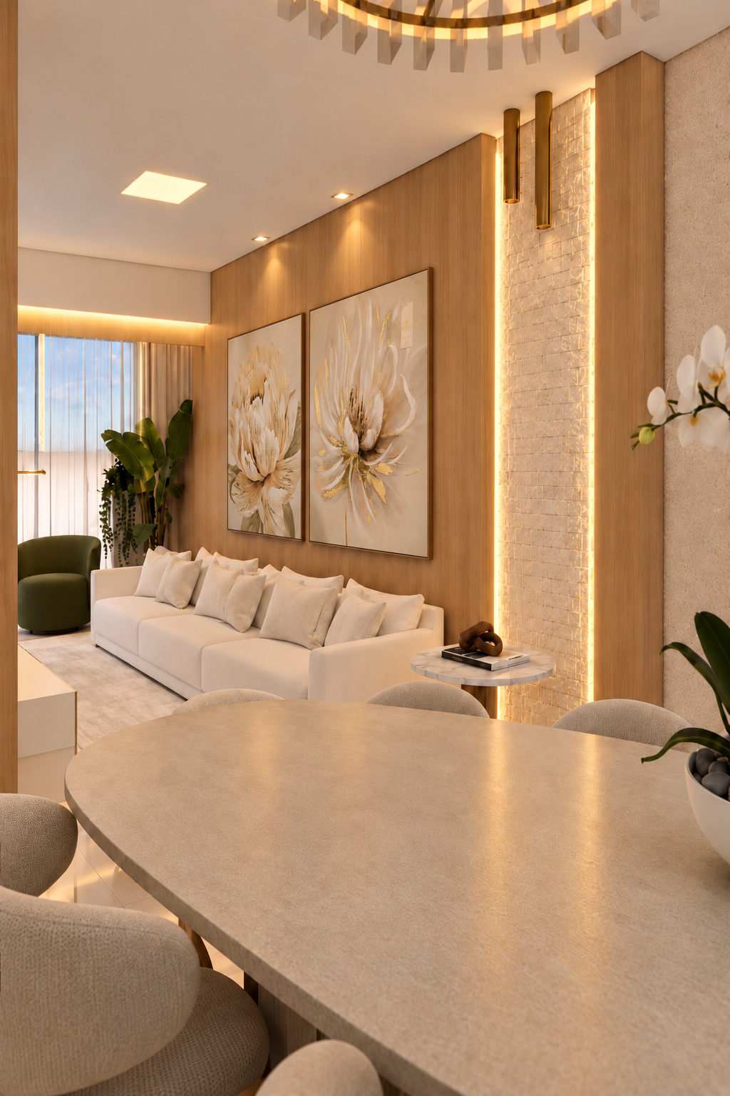 Sala contemporânea com arte floral