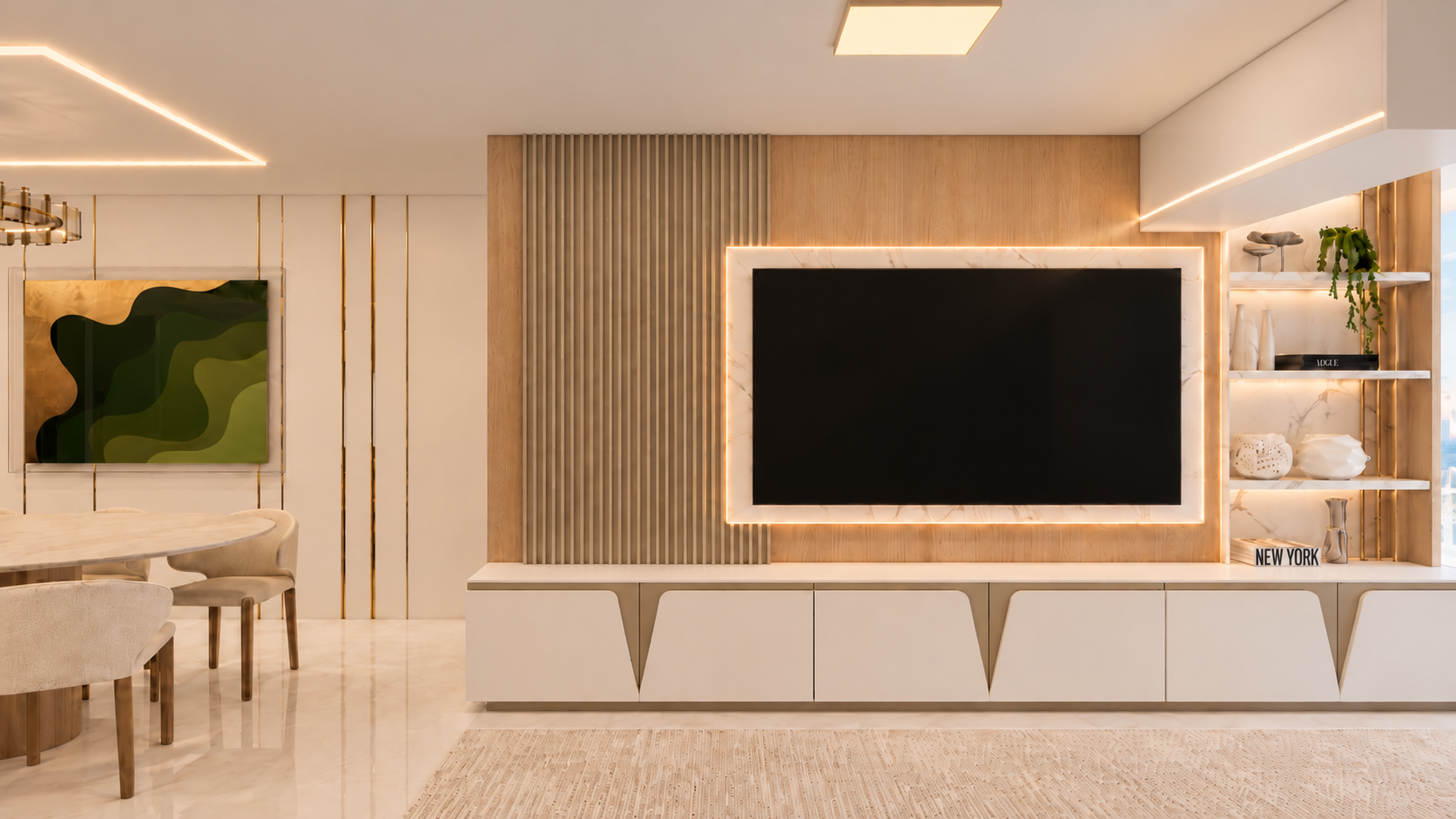 Sala de estar sofisticada com painel ripado, marcenaria clara e iluminação indireta